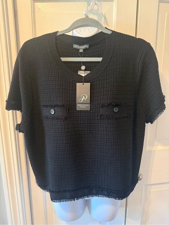 Adrianna Papell Tops - NWT Adrianna Papell Black Textured Fringe Pocket Short Sleeve Top
